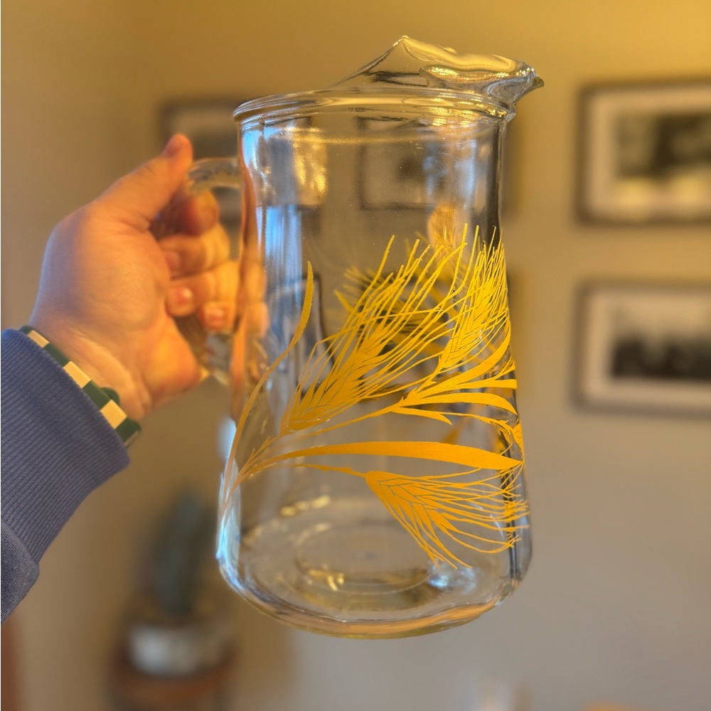 Vintage Clear Libbey Glass Golden Wheat Water Pitcher 2 Qt 9" Ice Catcher